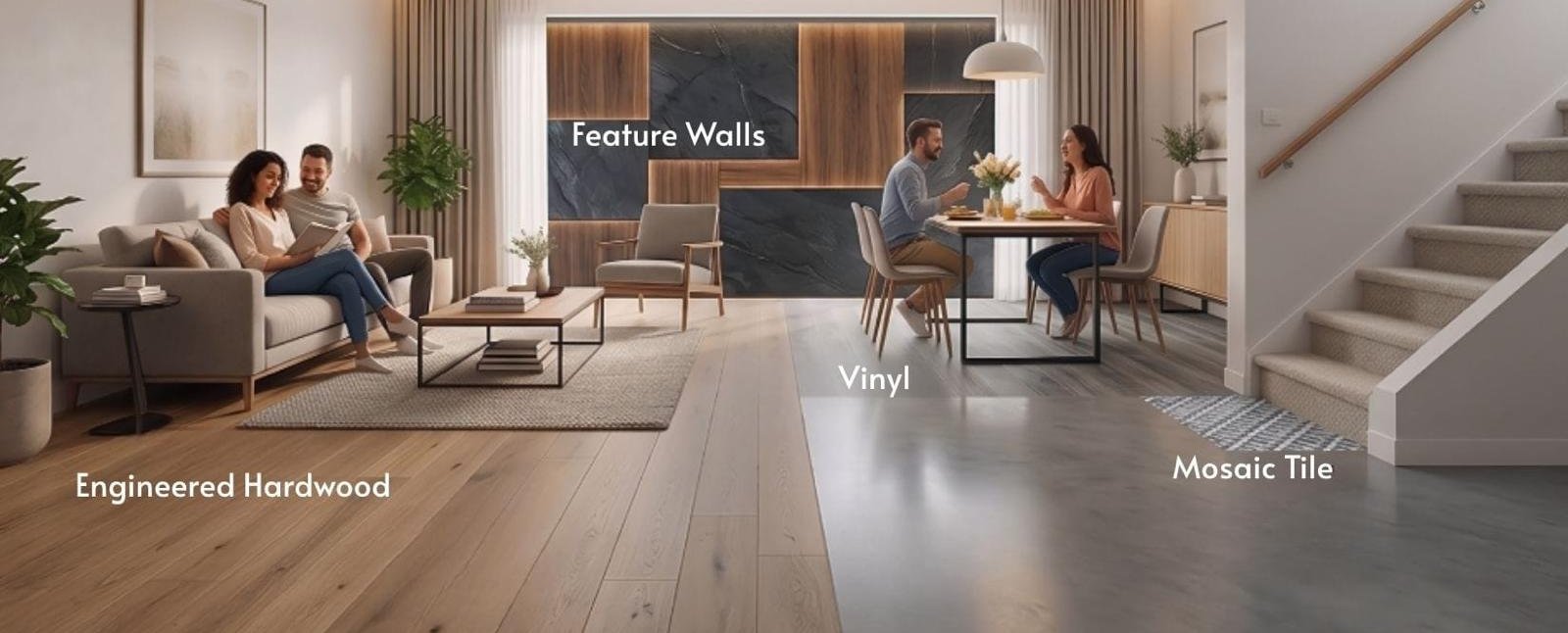 A Tahetee room — feature wall, hardwood, vinyl and tile in one space